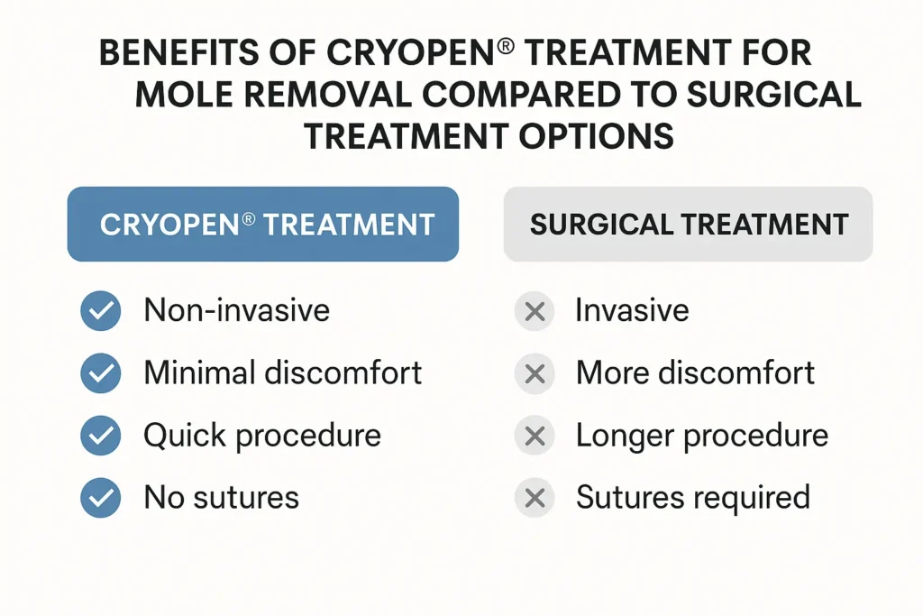 Table to show the benefits of getting moles removed Bury St Edmunds from LA LIPO