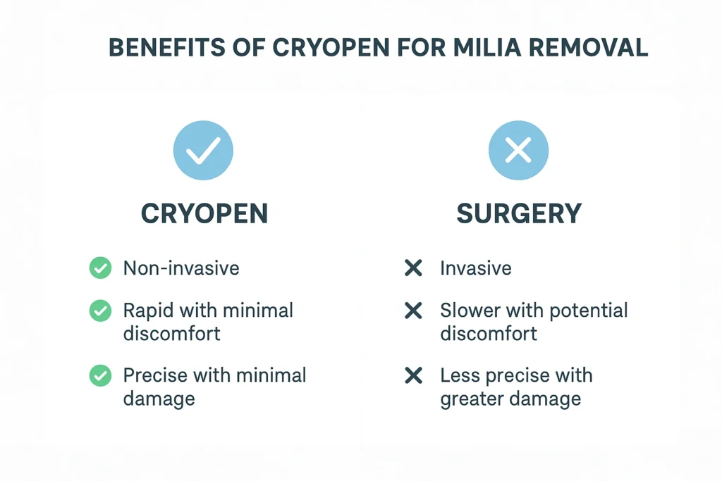 Benefits of cryopen for milia removal Bury St Edmunds compared to surgical treatments.