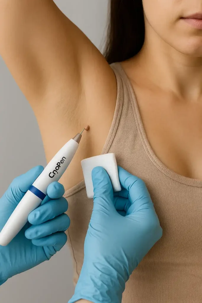 woman having cryopen to remove underarm skin tags Bury St Edmunds