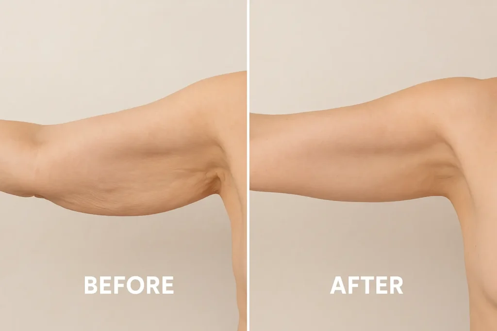 Picture of LA LIPO Bury St Edmunds before and after results of skin tightening treatment on the upper arms.