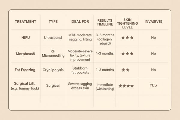 Table showing the comparisons of Skin tightening Bury St Edmunds treatment options. 